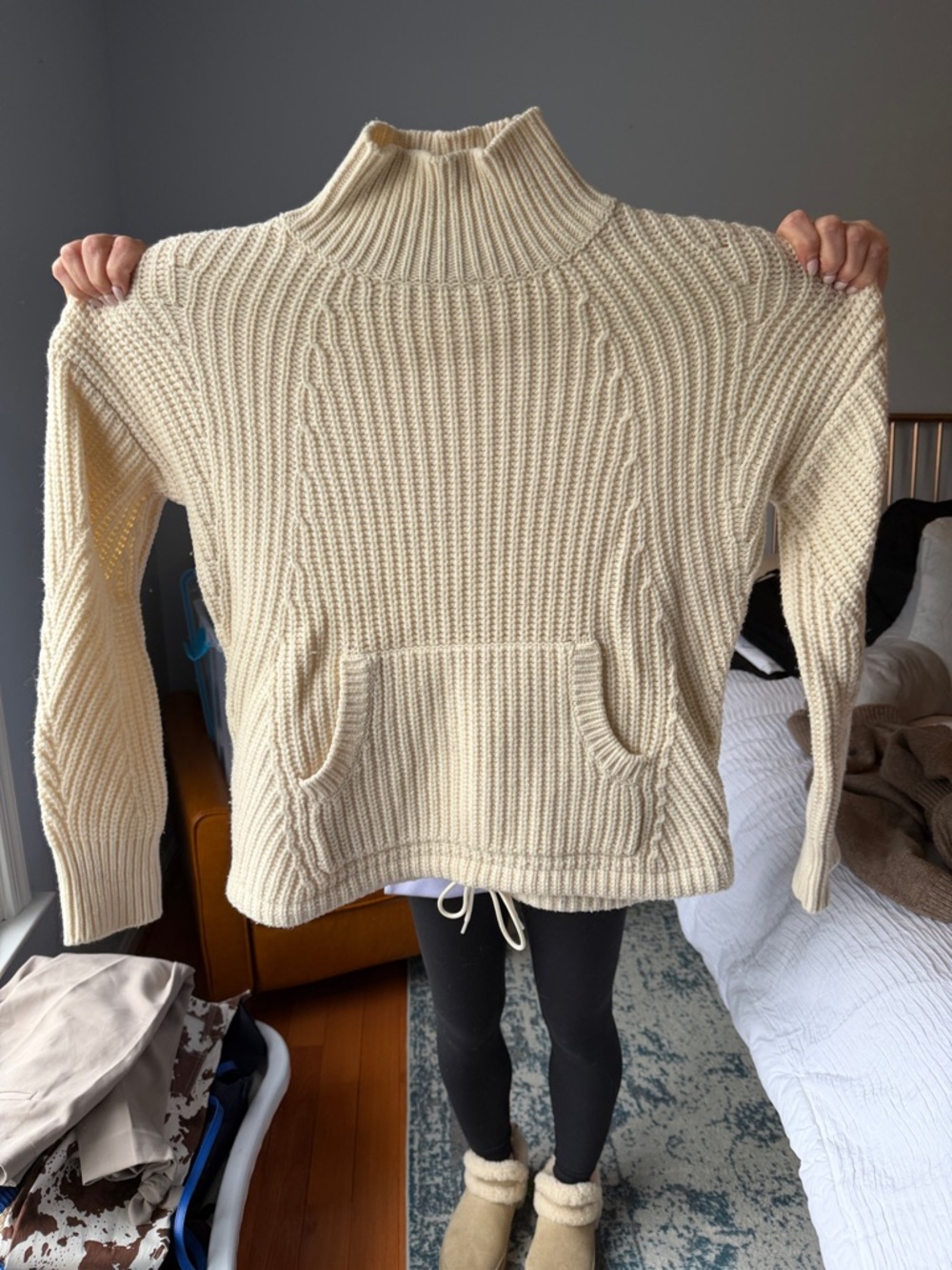 J. Crew Cream Cable-Knit Turtleneck Sweater with Kangaroo Pocket